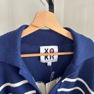 XOKR Kerri Rosenthal NWT Blue Stripe Knit Sweater Polo Heart Back Women L *NOTE
